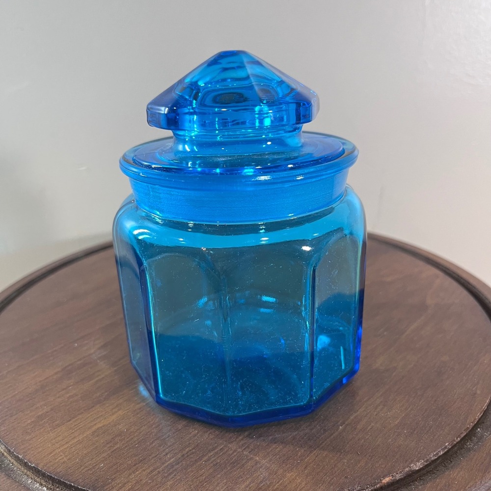 Vtg LE Smith Peacock Blue Glass Octagonal Jar with Faceted Lid Small Deco